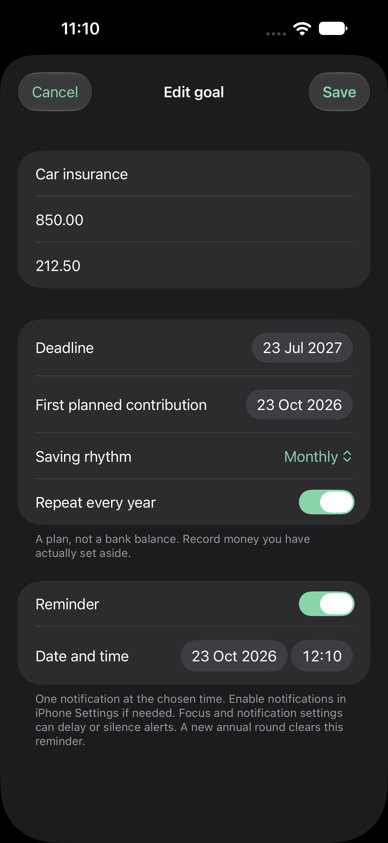 Sinking Fund Budgetter reminder